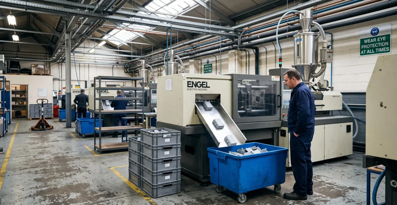 Un opérateur observe une presse d'injection plastique en production dans un atelier, avec des bacs de pièces et des stocks tampons entre la machine et le poste d'assemblage.