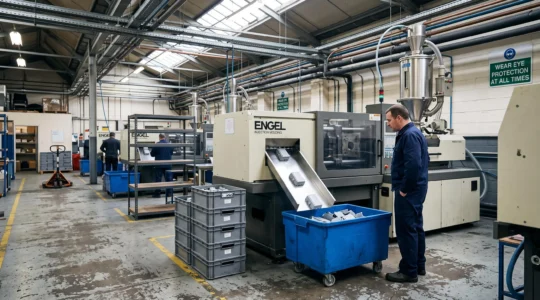 Un opérateur observe une presse d'injection plastique en production dans un atelier, avec des bacs de pièces et des stocks tampons entre la machine et le poste d'assemblage.