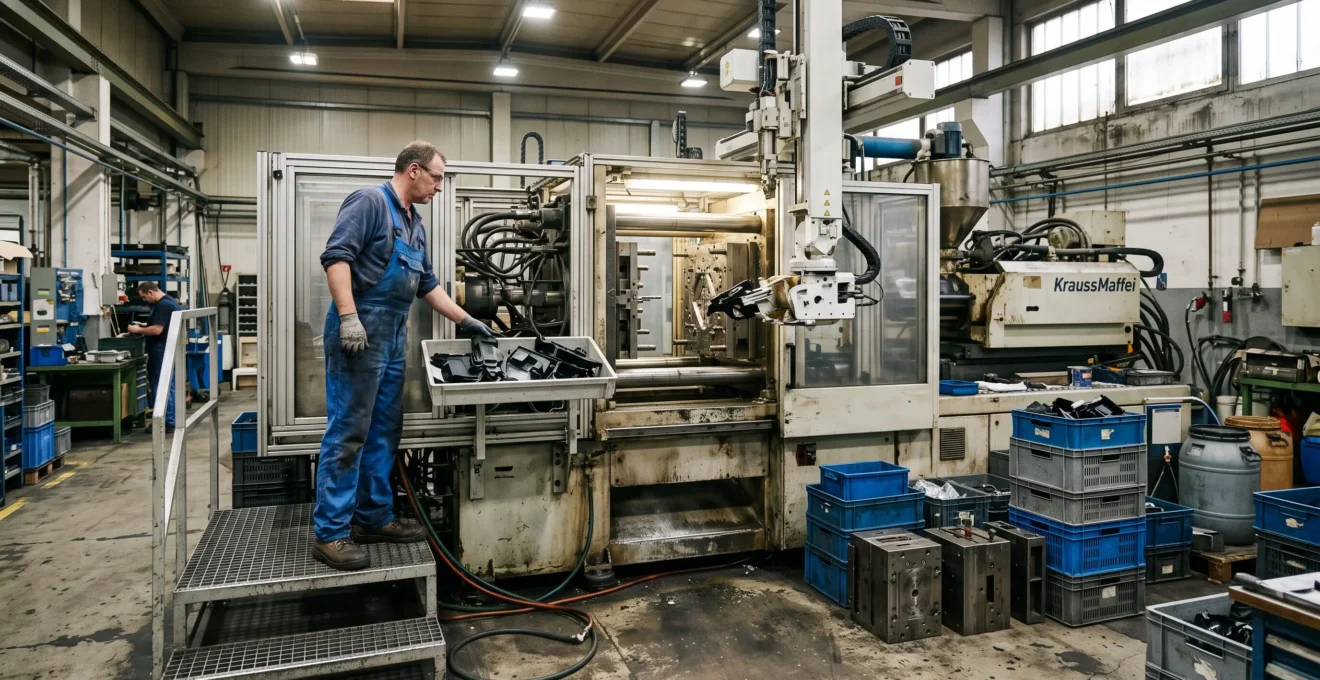 Un technicien de production contrôle les pièces sortant d'une presse à injection dans un atelier plastique industriel.