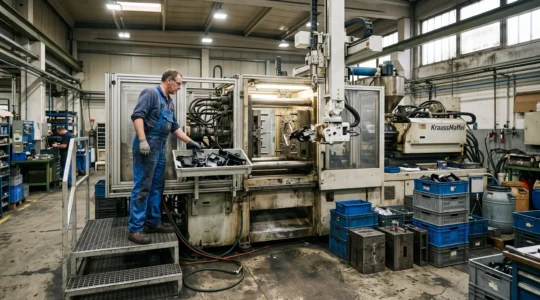 Un technicien de production contrôle les pièces sortant d'une presse à injection dans un atelier plastique industriel.