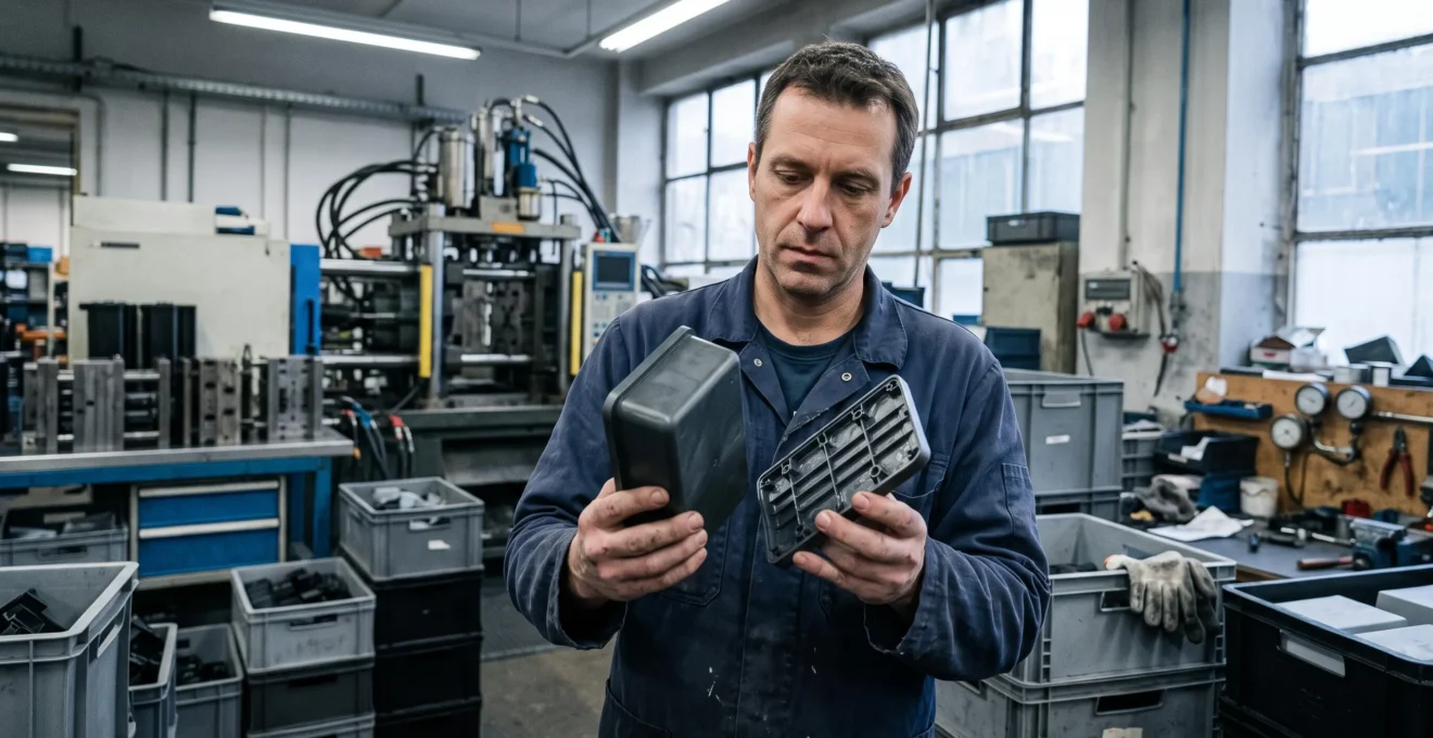Un technicien compare côte à côte deux pièces plastiques injectées d'épaisseurs différentes dans un atelier.