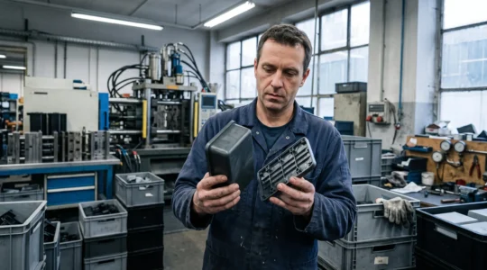Un technicien compare côte à côte deux pièces plastiques injectées d'épaisseurs différentes dans un atelier.