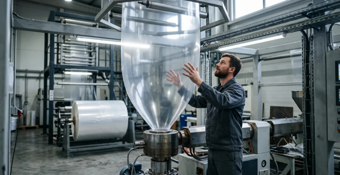Un technicien inspecte une bulle de film plastique très mince à la sortie d'une ligne d'extrusion soufflage dans une usine d'emballage.