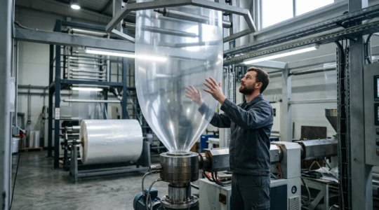 Un technicien inspecte une bulle de film plastique très mince à la sortie d'une ligne d'extrusion soufflage dans une usine d'emballage.