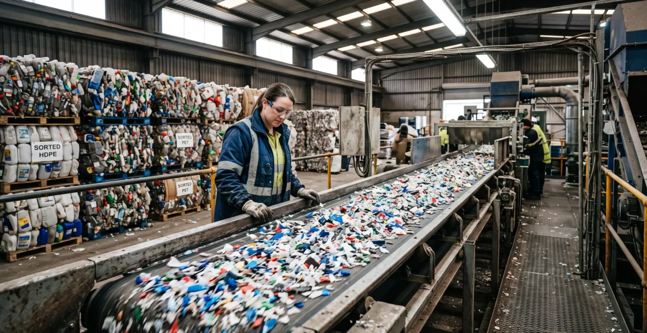 Un opérateur inspecte des copeaux de plastique broyés sur un convoyeur dans un centre de recyclage.