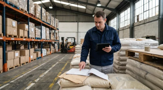 Un technicien contrôle la réception de sacs de granulés plastiques dans un entrepôt industriel en comparant une déclaration fournisseur avec l'étiquetage des matières.