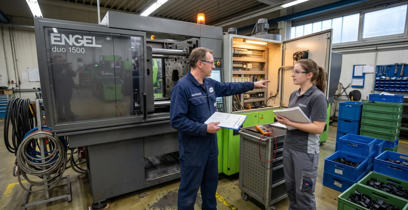 Un technicien de maintenance et un opérateur analysent une presse d'injection plastique arrêtée dans un atelier, un porte-bloc de diagnostic à la main.