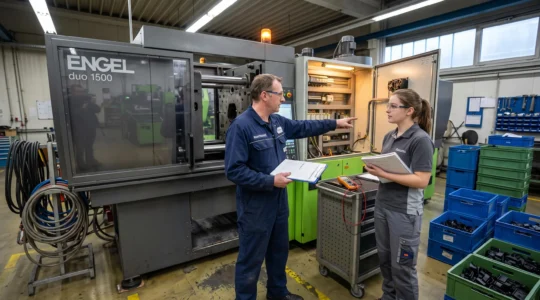 Un technicien de maintenance et un opérateur analysent une presse d'injection plastique arrêtée dans un atelier, un porte-bloc de diagnostic à la main.