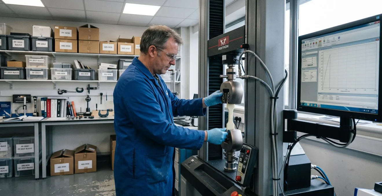 Un technicien installe une éprouvette plastique normalisée dans les mors d'une machine d'essai de traction dans un laboratoire de validation de matériaux.