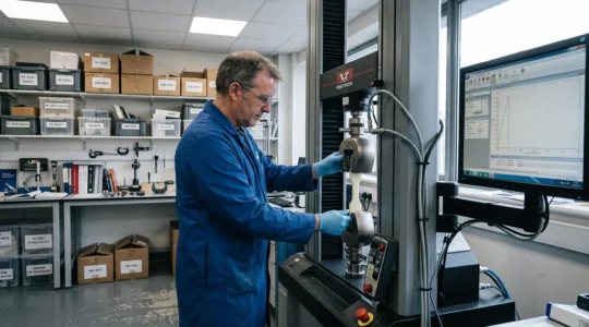 Un technicien installe une éprouvette plastique normalisée dans les mors d'une machine d'essai de traction dans un laboratoire de validation de matériaux.