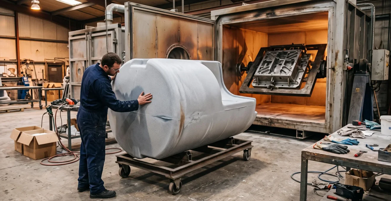 Une grande coque plastique rotomoulée de plusieurs mètres posée sur un chariot dans un atelier, inspectée par un technicien.