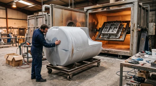 Une grande coque plastique rotomoulée de plusieurs mètres posée sur un chariot dans un atelier, inspectée par un technicien.