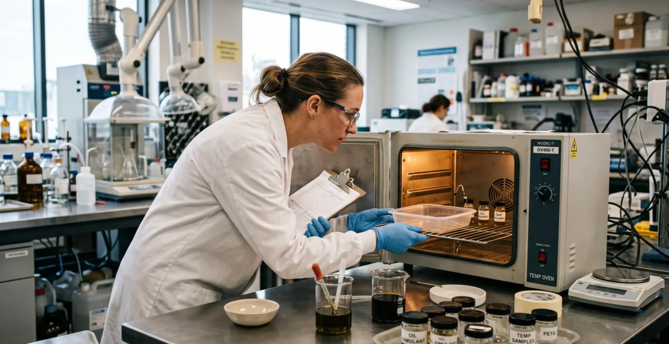 Un ingénieur qualité en blouse blanche inspecte une barquette plastique dans un four de laboratoire à côté d'un simulant alimentaire gras.