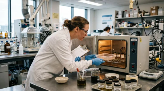 Un ingénieur qualité en blouse blanche inspecte une barquette plastique dans un four de laboratoire à côté d'un simulant alimentaire gras.