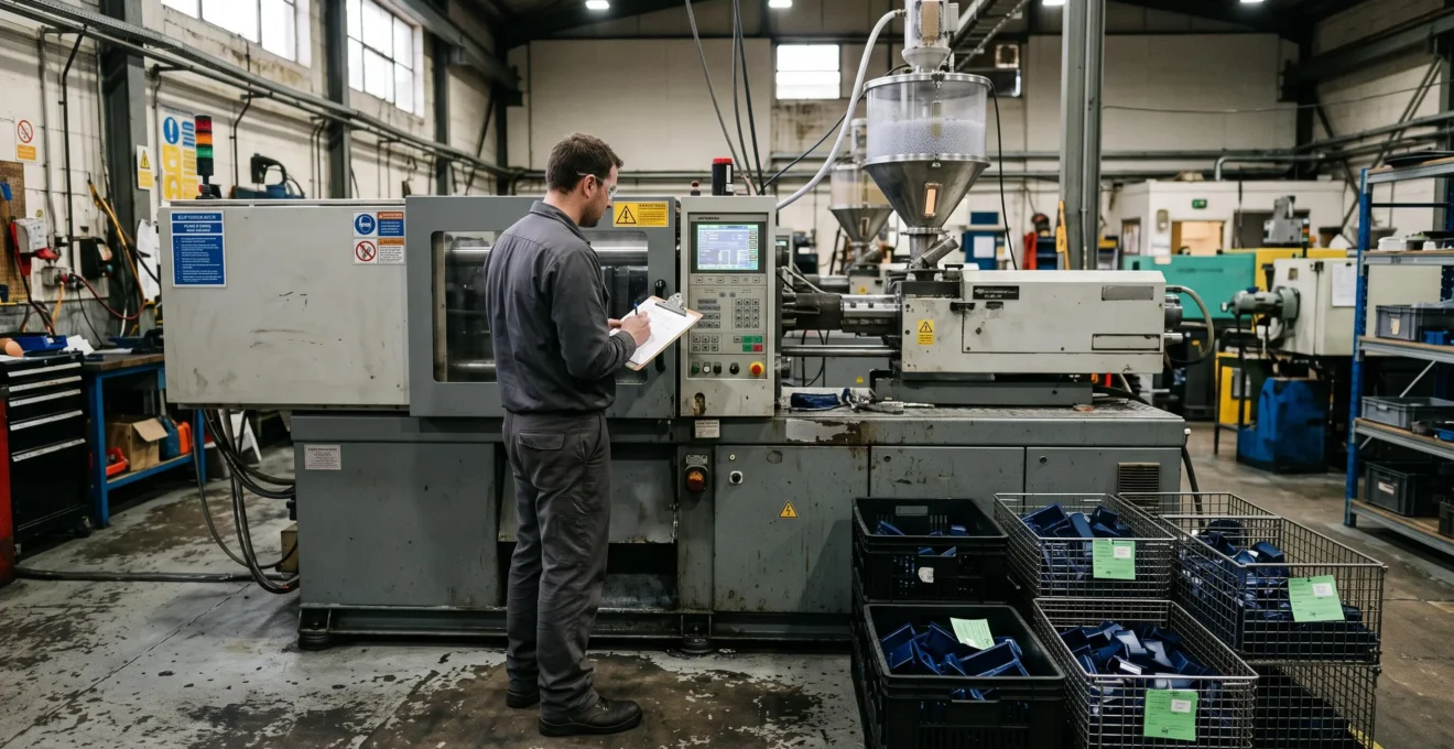 Un ingénieur de production examine l'écran énergétique d'une presse à injecter dans un atelier de plasturgie, avec des caisses de pièces moulées à proximité.
