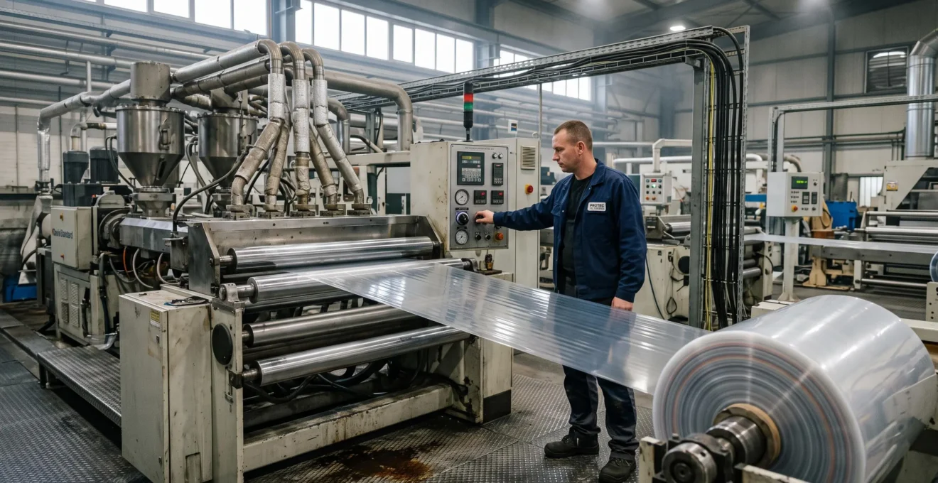 Un technicien règle une ligne d'extrusion multicouche produisant un film plastique barrière dans une usine d'emballage.