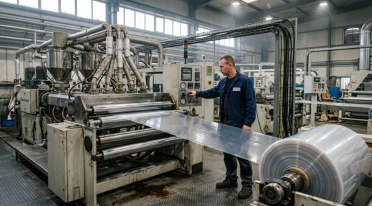 Un technicien règle une ligne d'extrusion multicouche produisant un film plastique barrière dans une usine d'emballage.