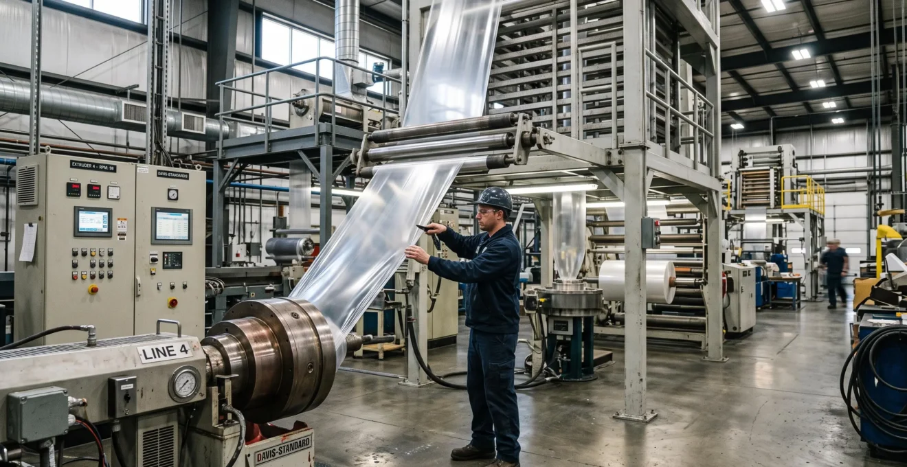 Un opérateur surveille une ligne d'extrusion de films plastiques dans une usine, le web transparent montant vers le groupe de refroidissement.