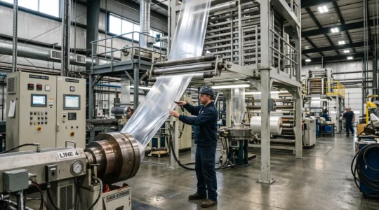 Un opérateur surveille une ligne d'extrusion de films plastiques dans une usine, le web transparent montant vers le groupe de refroidissement.