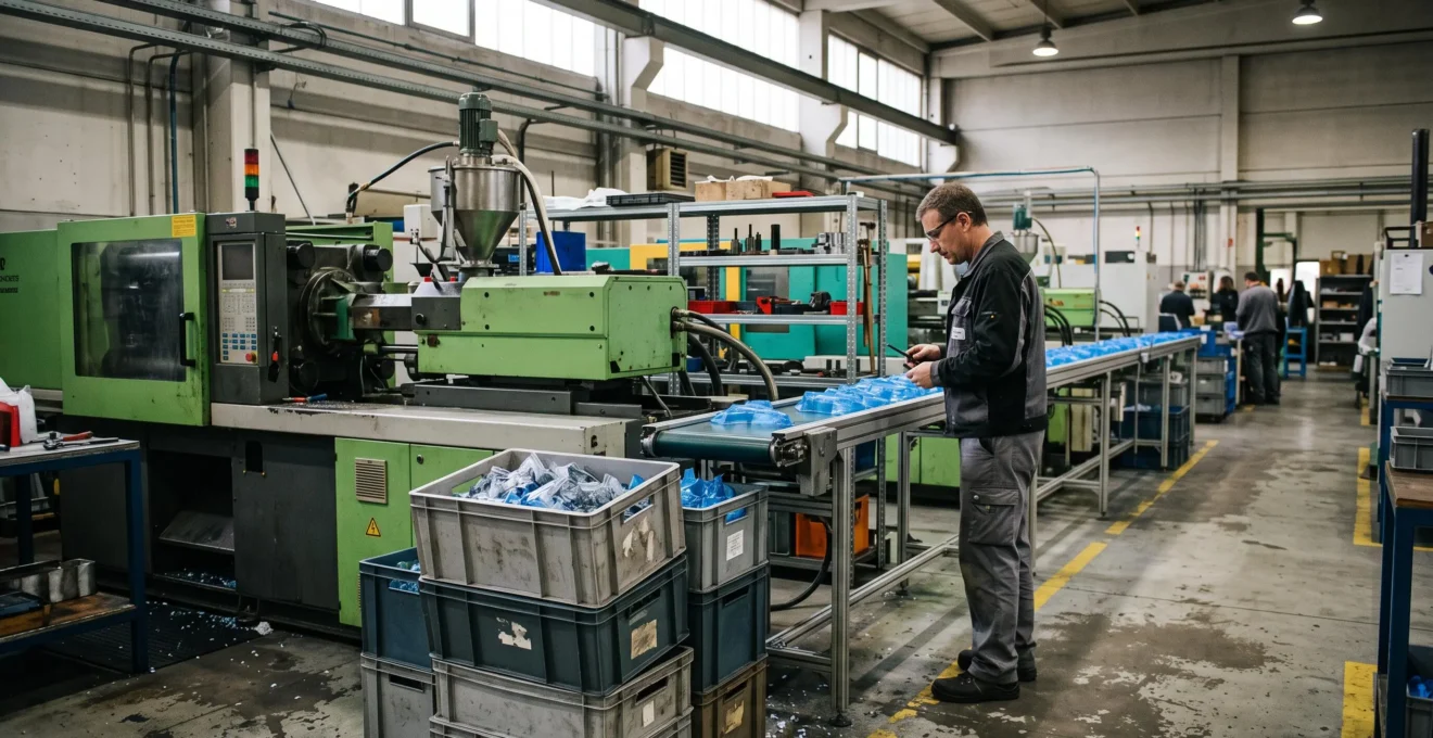 Une ligne de transformation plastique avec un opérateur inspectant les pièces sur un convoyeur entre plusieurs postes de production.