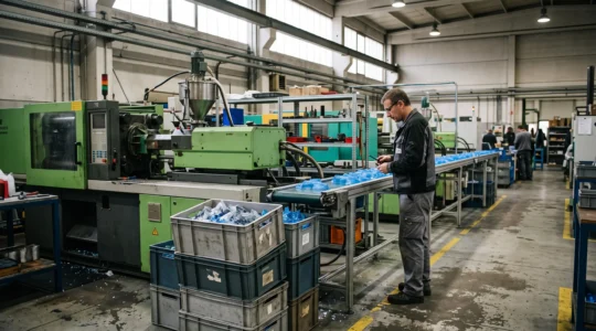 Une ligne de transformation plastique avec un opérateur inspectant les pièces sur un convoyeur entre plusieurs postes de production.