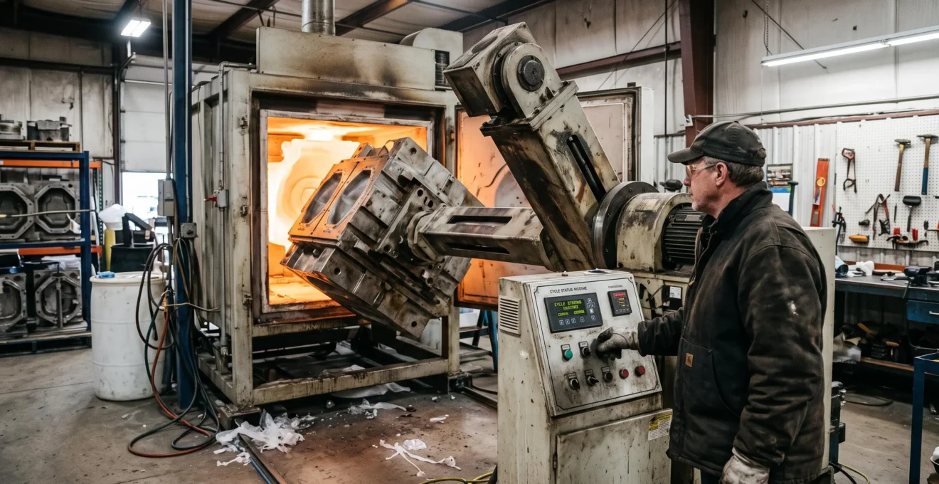 Un opérateur règle le panneau de commande d'une machine de rotomoulage dont le bras biaxial fait tourner le moule devant le four incandescent.