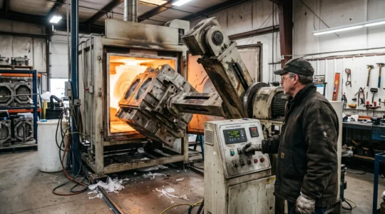 Un opérateur règle le panneau de commande d'une machine de rotomoulage dont le bras biaxial fait tourner le moule devant le four incandescent.