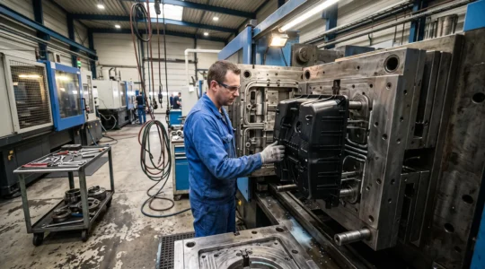 Un mouleur inspecte une pièce plastique technique complexe tout juste démoulée d'un moule à tiroirs ouvert sur une presse d'injection
