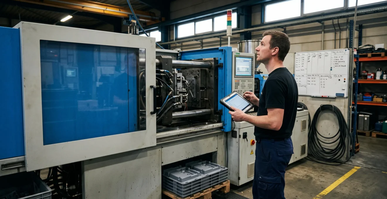 Un opérateur analyse les données de production sur une tablette à côté d'une presse à injection à l'arrêt dans un atelier de plasturgie.