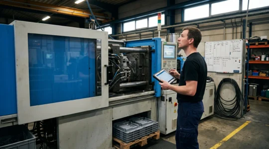 Un opérateur analyse les données de production sur une tablette à côté d'une presse à injection à l'arrêt dans un atelier de plasturgie.