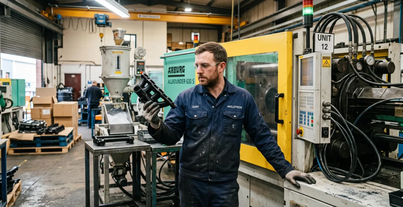 Un opérateur examine une pièce plastique fraîchement moulée à côté d'une presse d'injection dans un atelier de production.