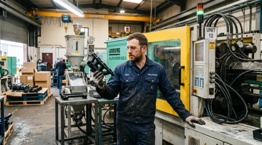 Un opérateur examine une pièce plastique fraîchement moulée à côté d'une presse d'injection dans un atelier de production.