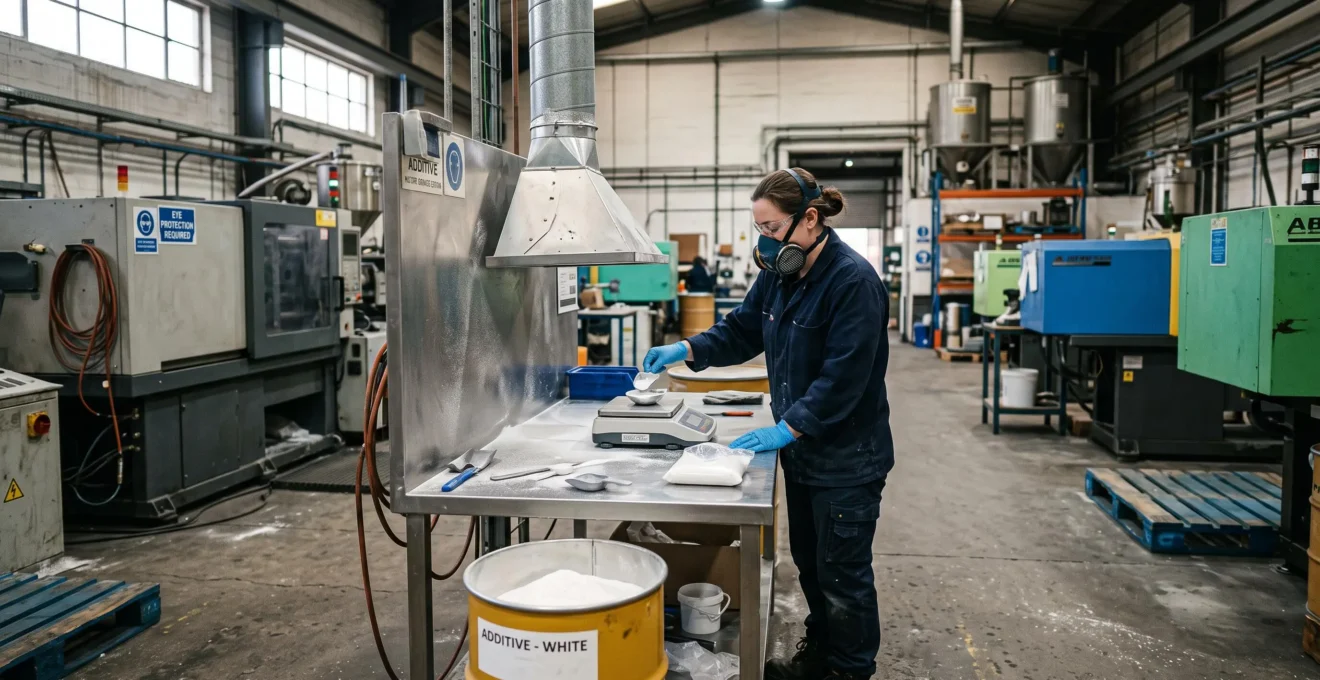 Un opérateur portant gants, lunettes et masque pèse une poudre d'additif plastique sur une balance dans un atelier de transformation plastique.