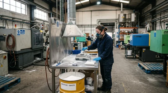 Un opérateur portant gants, lunettes et masque pèse une poudre d'additif plastique sur une balance dans un atelier de transformation plastique.
