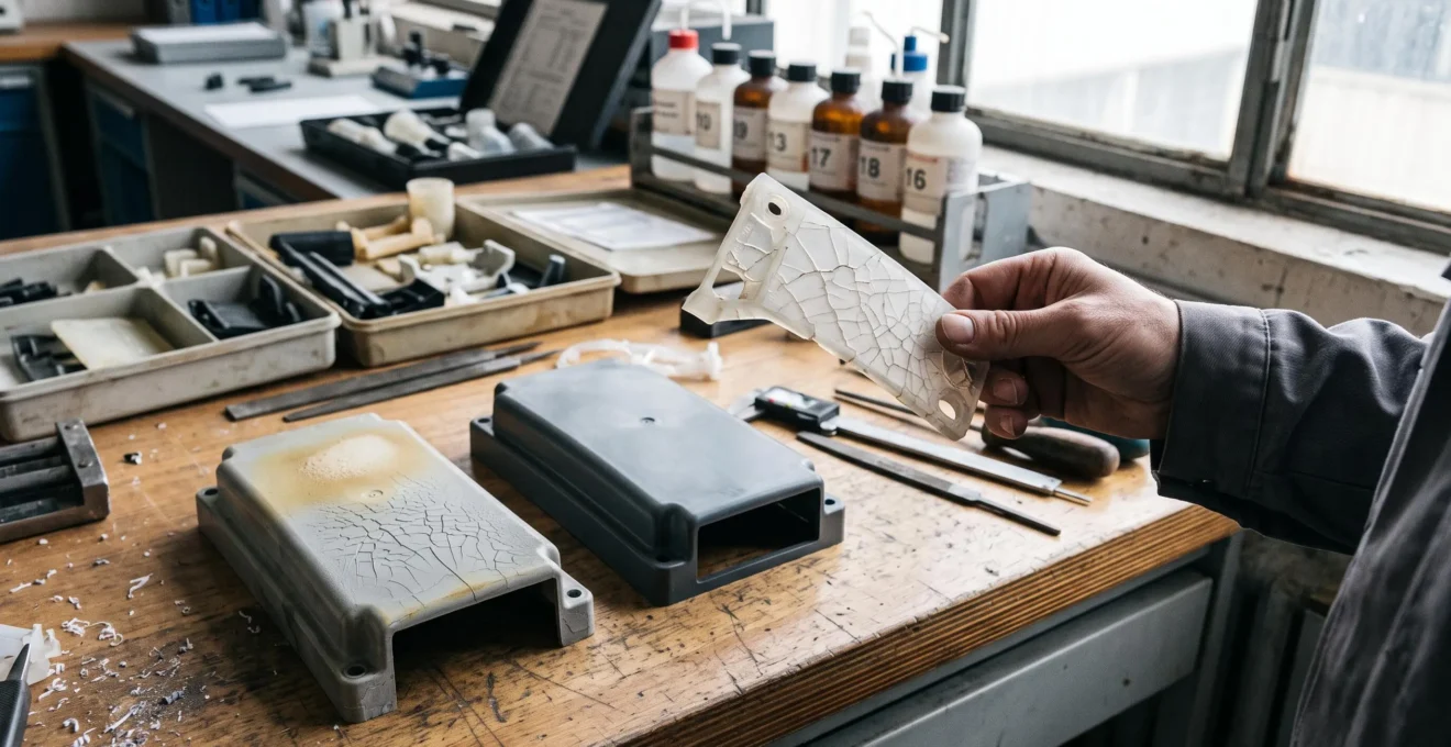 Une main tient une pièce plastique craquelée par le vieillissement à côté d'une pièce intacte sur un plan de travail de laboratoire.