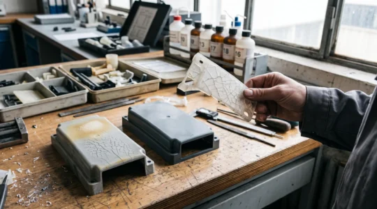 Une main tient une pièce plastique craquelée par le vieillissement à côté d'une pièce intacte sur un plan de travail de laboratoire.