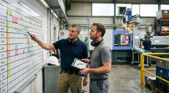Un planificateur de maintenance et un responsable production examinent ensemble un planning partagé affiché près d'une presse à injection en atelier.