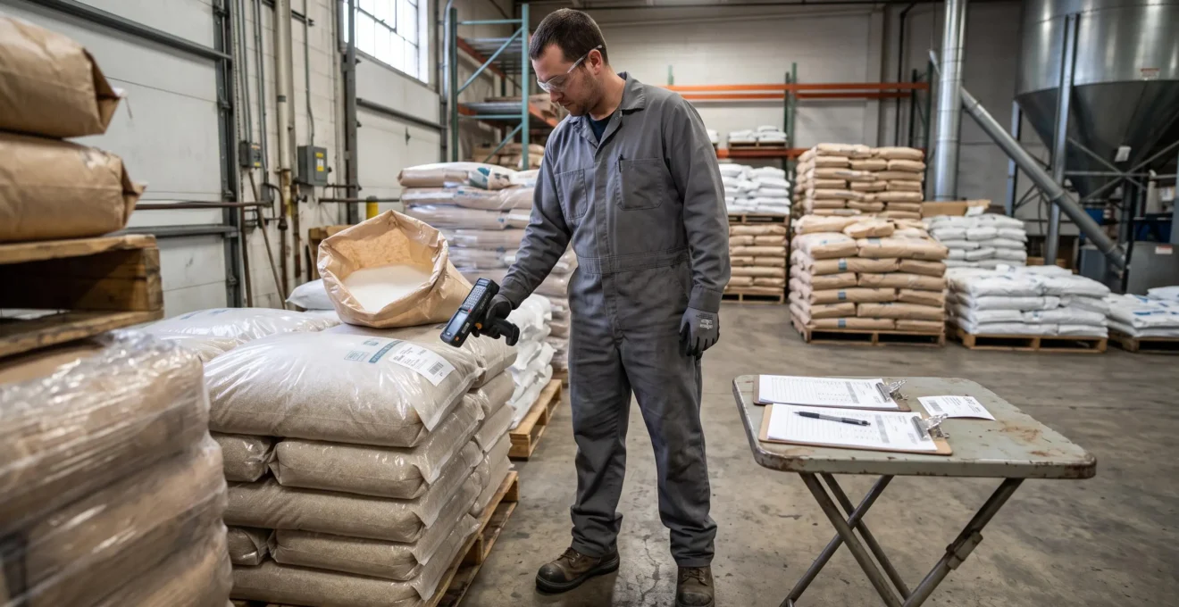 Un opérateur scanne l'étiquette code-barres d'un sac de granulés plastiques lors de la réception dans un entrepôt industriel.