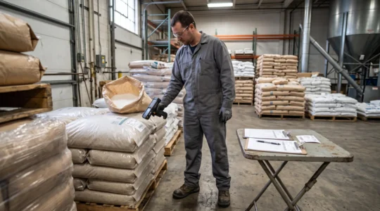 Un opérateur scanne l'étiquette code-barres d'un sac de granulés plastiques lors de la réception dans un entrepôt industriel.