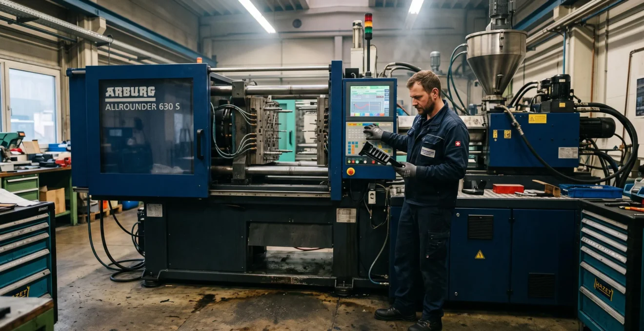 Un régleur ajuste les paramètres d'une presse d'injection plastique tout en inspectant une pièce fraîchement moulée dans un atelier de production.
