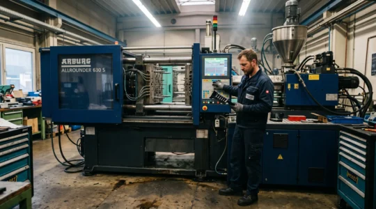 Un régleur ajuste les paramètres d'une presse d'injection plastique tout en inspectant une pièce fraîchement moulée dans un atelier de production.