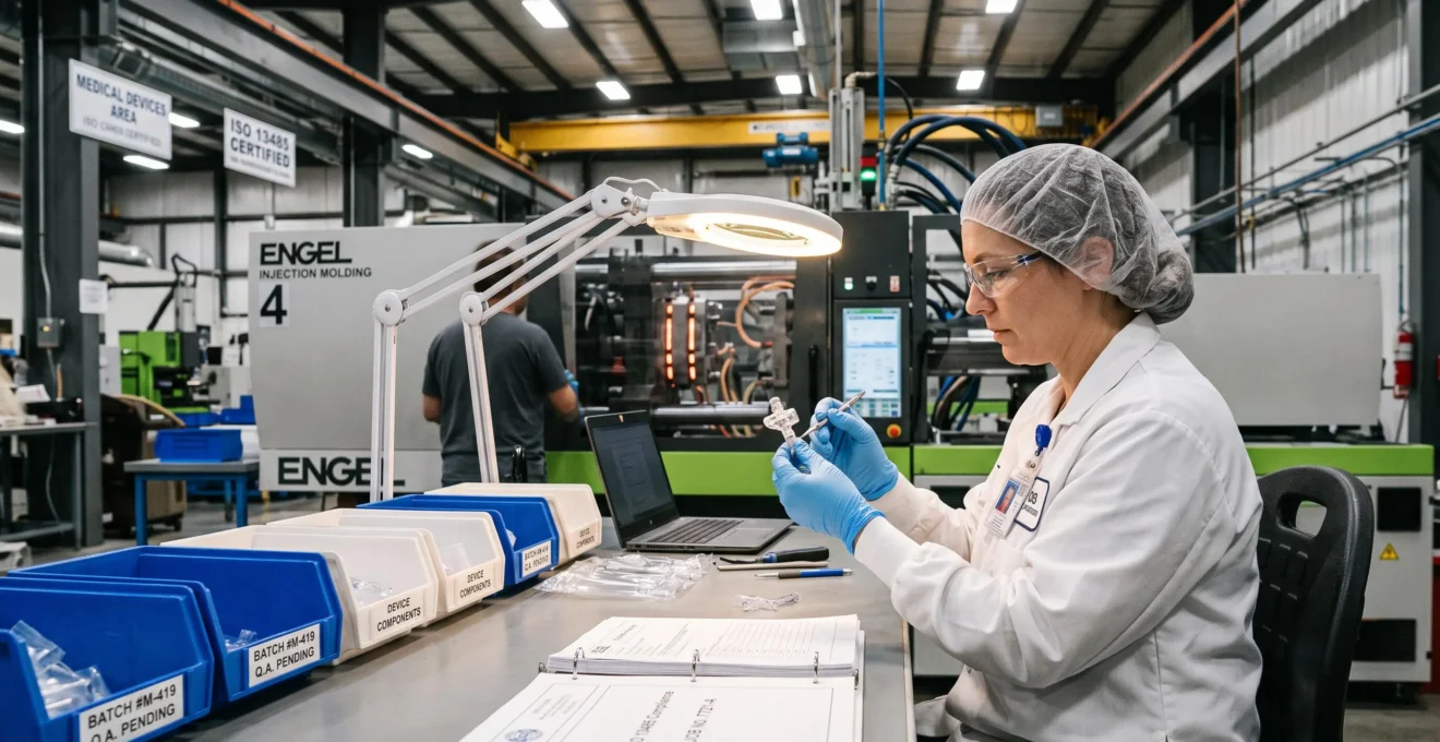 Un technicien qualité contrôle une pièce plastique moulée pour dispositif médical sous une lampe d'inspection dans un atelier d'injection.