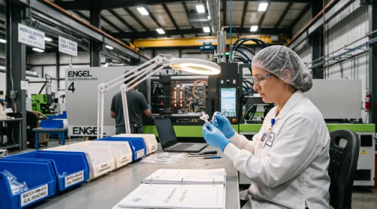 Un technicien qualité contrôle une pièce plastique moulée pour dispositif médical sous une lampe d'inspection dans un atelier d'injection.