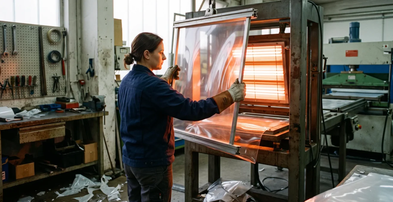 Un technicien présente une feuille PMMA transparente devant un plateau chauffant infrarouge dans un atelier de thermoformage.