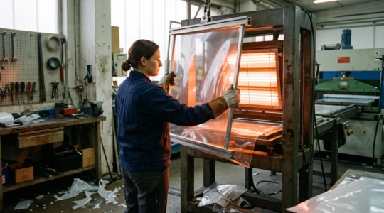 Un technicien présente une feuille PMMA transparente devant un plateau chauffant infrarouge dans un atelier de thermoformage.