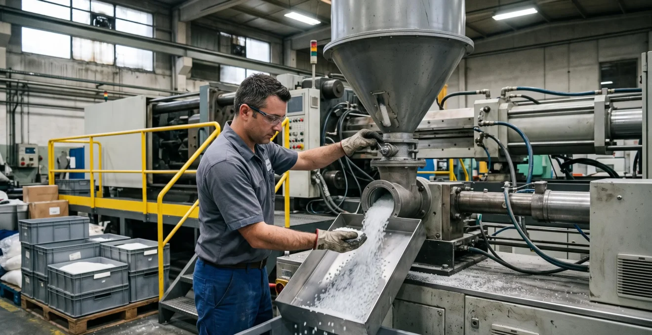 Un technicien examine des granulés de polypropylène près d'une trémie alimentant une presse d'injection dans une usine de transformation plastique.