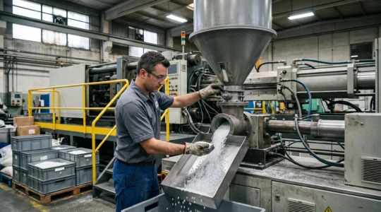 Un technicien examine des granulés de polypropylène près d'une trémie alimentant une presse d'injection dans une usine de transformation plastique.