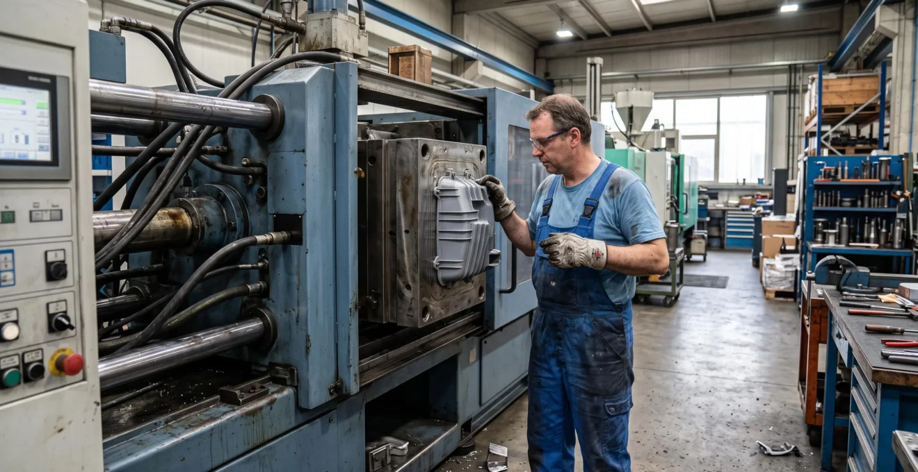 Un technicien inspecte les empreintes d'un moule d'injection ouvert à côté d'une presse dans un atelier de plasturgie.