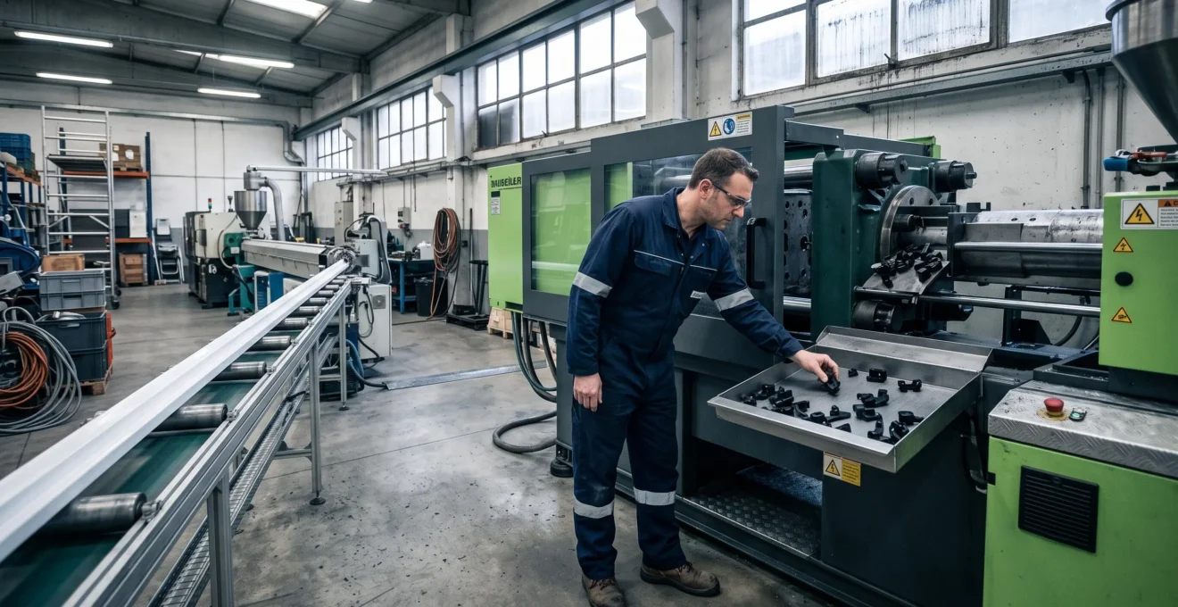 Un technicien inspecte des pièces plastiques fraîchement moulées à la sortie d'une presse d'injection dans un atelier de transformation des plastiques.