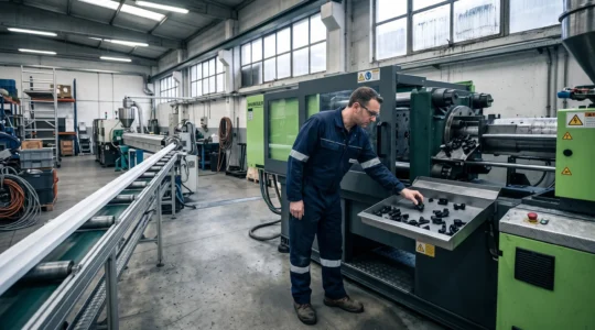 Un technicien inspecte des pièces plastiques fraîchement moulées à la sortie d'une presse d'injection dans un atelier de transformation des plastiques.